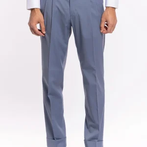 Pantalone uomo Celeste in fresco lana tinta unita vita alta con pinces fibbie laterali e risvolto 4cm