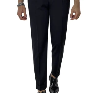Pantalone uomo nero nido d’ape in fresco lana 240 grammi Vitale Barberis vita alta con pinces fibbie laterali e risvolto 4cm
