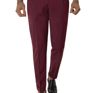 Pantalone uomo bordeaux fresco lana Vitale Barberis vita alta con pinces fibbie laterali e risvolto 4cm
