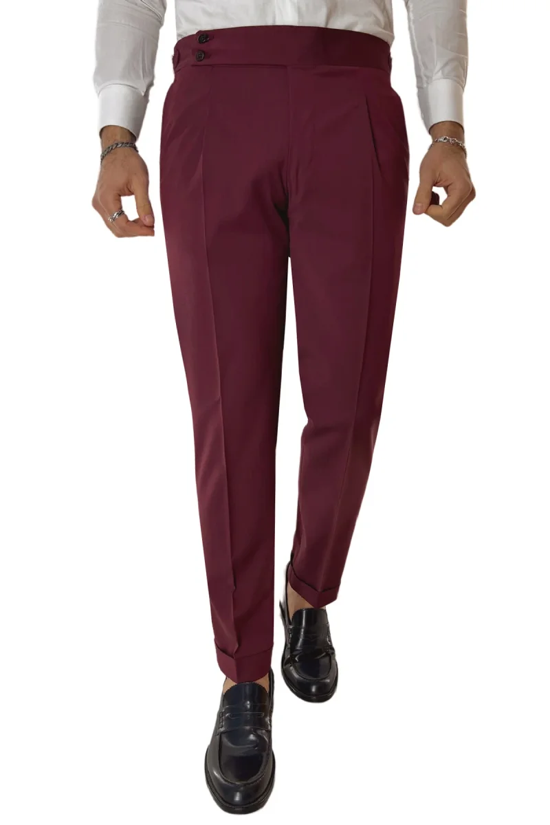 Pantalone uomo bordeaux fresco lana Vitale Barberis vita alta con pinces fibbie laterali e risvolto 4cm - immagine 2