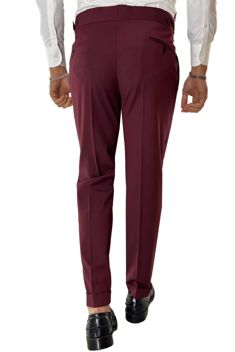 Pantalone uomo bordeaux fresco lana Vitale Barberis vita alta con pinces fibbie laterali e risvolto 4cm - immagine 4