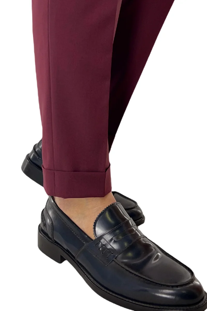 Pantalone uomo bordeaux fresco lana Vitale Barberis vita alta con pinces fibbie laterali e risvolto 4cm - immagine 5