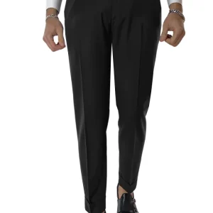 Pantalone uomo nero in fresco lana tinta unita vita alta fibbie laterali e risvolto 4cm