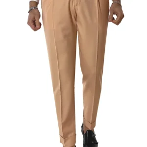 Pantalone uomo Pesca in fresco lana 140’s Holland & Sherry vita alta con pinces fibbie laterali e risvolto 4cm