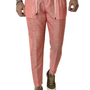 Pantalaccio uomo arancio in lino e cotone tasca america con doppia pence e laccio in vita risvolto 4cm