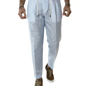 Pantalaccio uomo celeste in lino e cotone tasca america con doppia pence e laccio in vita risvolto 4cm