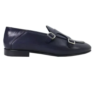 Mocassini uomo Blu in vera pelle con doppia fibbia e suola in cuoio made in italy