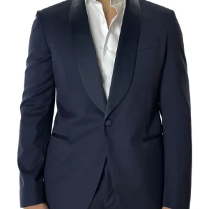 Abito smoking da uomo monopetto blu navy rever a scialle blu in fresco lana 100% Vitale Barberis Canonico