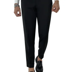 Pantalone uomo Nero vita alta tasca america in fresco lana super 130’s Vitale Barberis Canonico fibbie laterali e risvolto 4cm