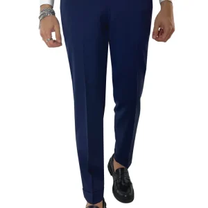 Pantalone uomo royal blu vita alta tasca america in fresco lana 100% Vitale Barberis Canonico fibbie laterali e risvolto 4cm