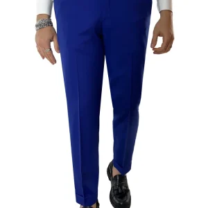 Pantalone uomo bluette vita alta tasca america in fresco lana 100% Vitale Barberis Canonico fibbie laterali e risvolto 4cm