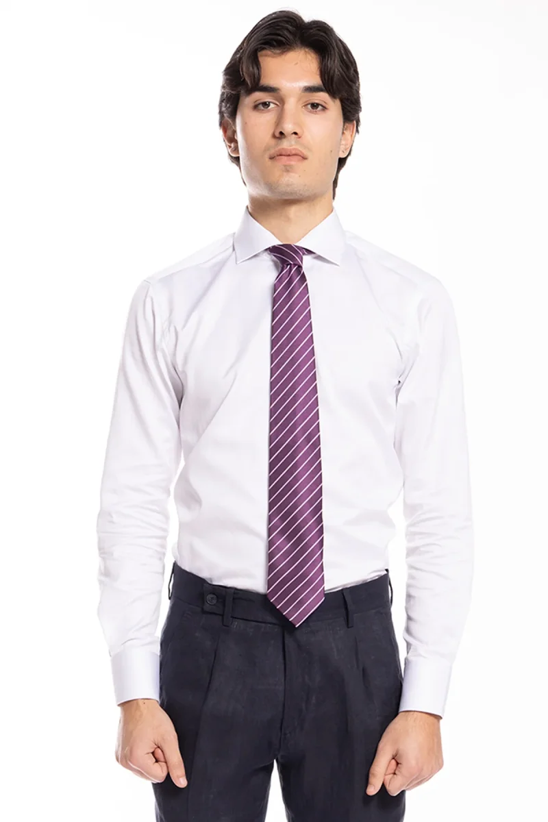 Cravatta uomo viola fantasia riga diagonale misura 8cm da cerimonia elegante - immagine 2