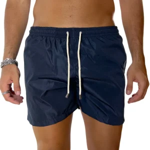 Costume da mare uomo blu tinta unita con tasche laterali a filo e laccio regolabile