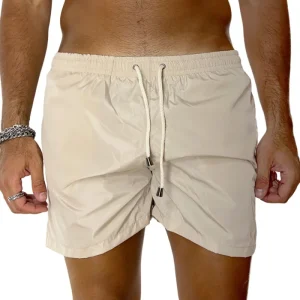 Costume da mare uomo beige tinta unita con tasche laterali a filo e laccio regolabile