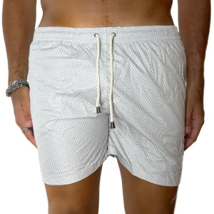 Costume da mare uomo grigio fantasia esagonale con tasche laterali a filo e laccio regolabile