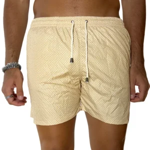 Costume da mare uomo beige fantasia esagonale con tasche laterali a filo e laccio regolabile