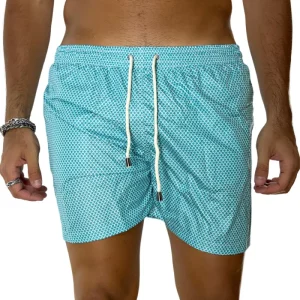 Costume da mare uomo azzurro fantasia esagonale con tasche laterali a filo e laccio regolabile