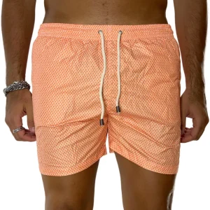 Costume da mare uomo arancio fantasia esagonale con tasche laterali a filo e laccio regolabile