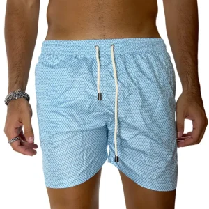 Costume da mare uomo celeste fantasia esagonale con tasche laterali a filo e laccio regolabile