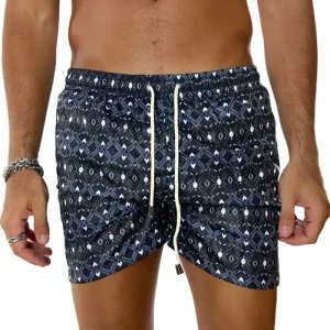 Costume da mare uomo blu fantasia egizia con tasche laterali a filo e laccio regolabile