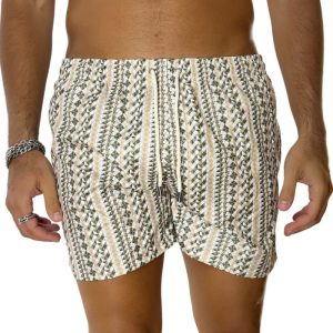 Costume da mare uomo verde militare fantasia geometrica con tasche laterali a filo e laccio regolabile