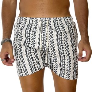 Costume da mare uomo nero fantasia geometrica con tasche laterali a filo e laccio regolabile