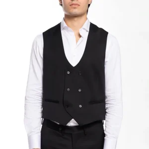 Gilet uomo doppiopetto Nero da cerimonia in fresco lana slim fit tessuto Vitale Barberis Canonico