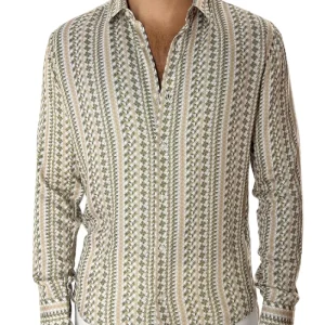 Camicia Uomo In Viscosa fantasia geometrica verde militare vestibilita comoda Collo Italiano