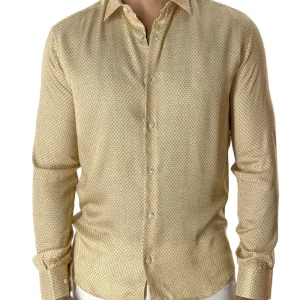 Camicia Uomo In Viscosa fantasia esagonale beige vestibilita comoda Collo Italiano