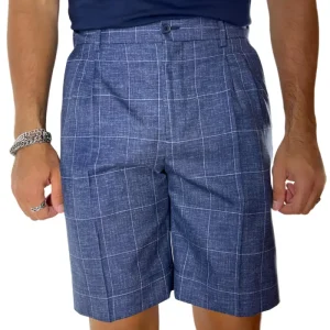 Bermuda uomo blu denim quadri in fresco lana 100% con mezza coulisse doppia pinces e tasca america