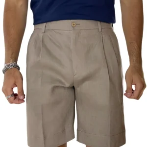 Bermuda uomo fango in lino 100% con mezza coulisse doppia pinces e tasca america