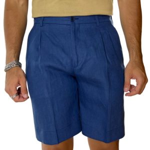 Bermuda uomo blu in lino 100% con mezza coulisse doppia pinces e tasca america