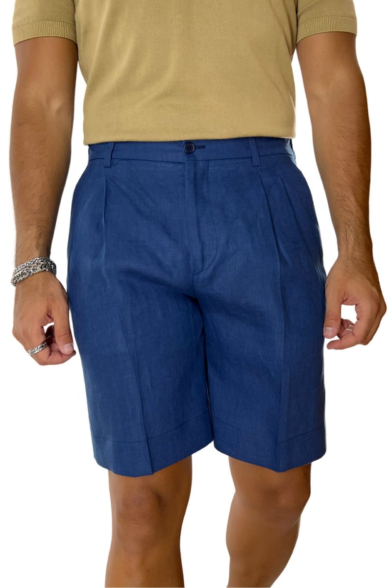 Bermuda uomo blu in lino 100% con mezza coulisse doppia pinces e tasca america