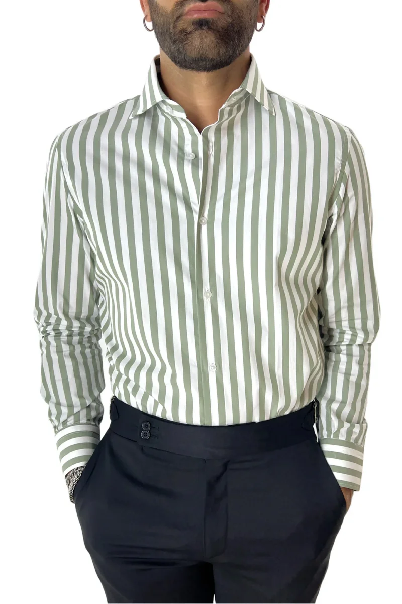 Camicia Uomo Righe Larghe extra slim fit 100% cotone Collo semi francese Made In Italy - immagine 9
