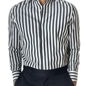 Camicia Uomo Righe Larghe extra slim fit 100% cotone Collo semi francese Made In Italy