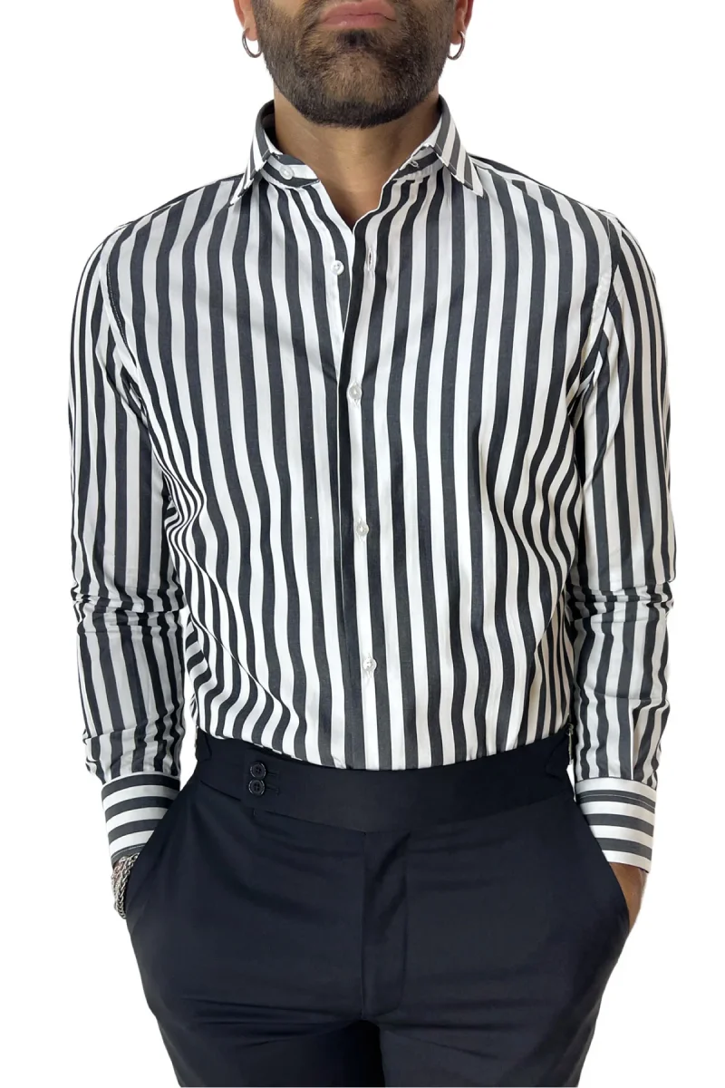 Camicia Uomo Righe Larghe extra slim fit 100% cotone Collo semi francese Made In Italy - immagine 2