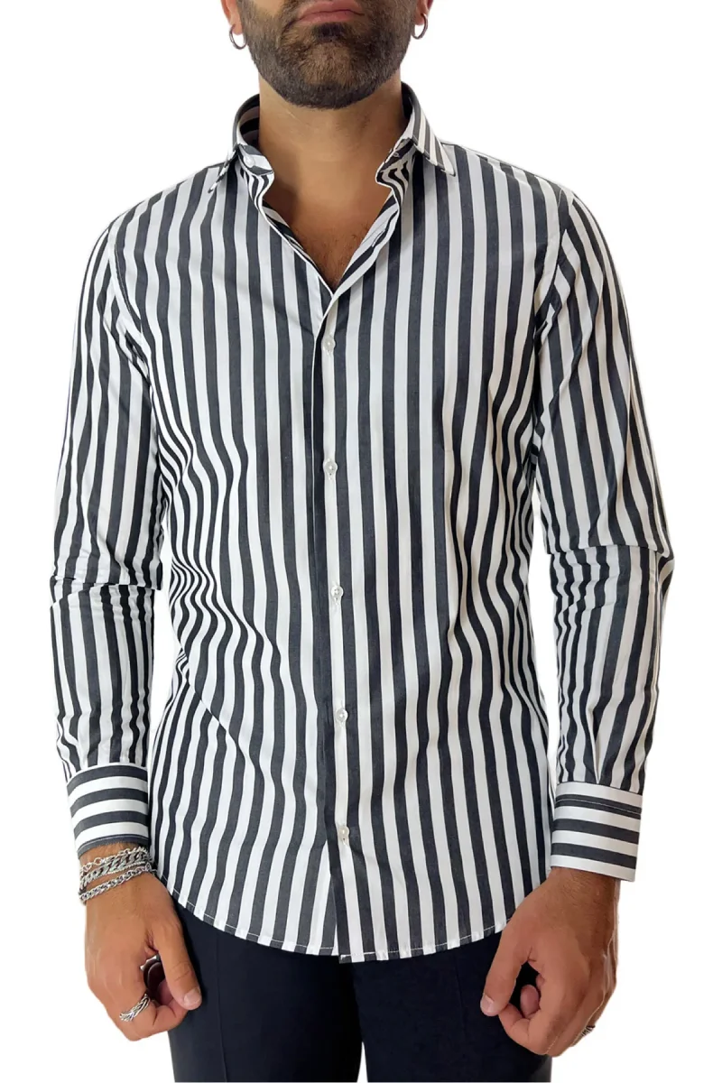 Camicia Uomo Righe Larghe extra slim fit 100% cotone Collo semi francese Made In Italy - immagine 3