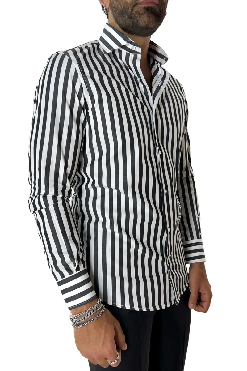 Camicia Uomo Righe Larghe extra slim fit 100% cotone Collo semi francese Made In Italy - immagine 4