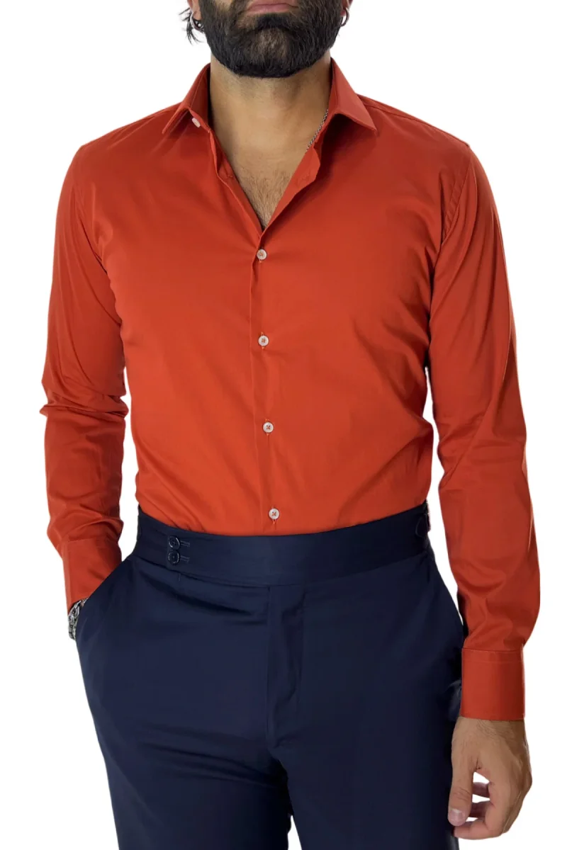 Camicia Uomo extra Slim fit cotone Elastico Collo semi francese tinta unita - immagine 9