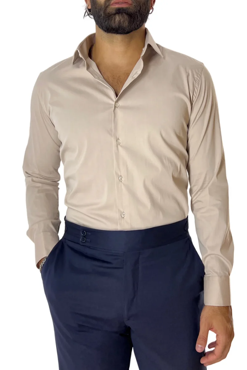 Camicia Uomo extra Slim fit cotone Elastico Collo semi francese tinta unita - immagine 2