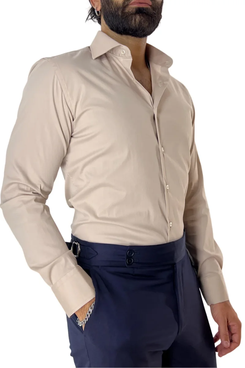 Camicia Uomo extra Slim fit cotone Elastico Collo semi francese tinta unita - immagine 4