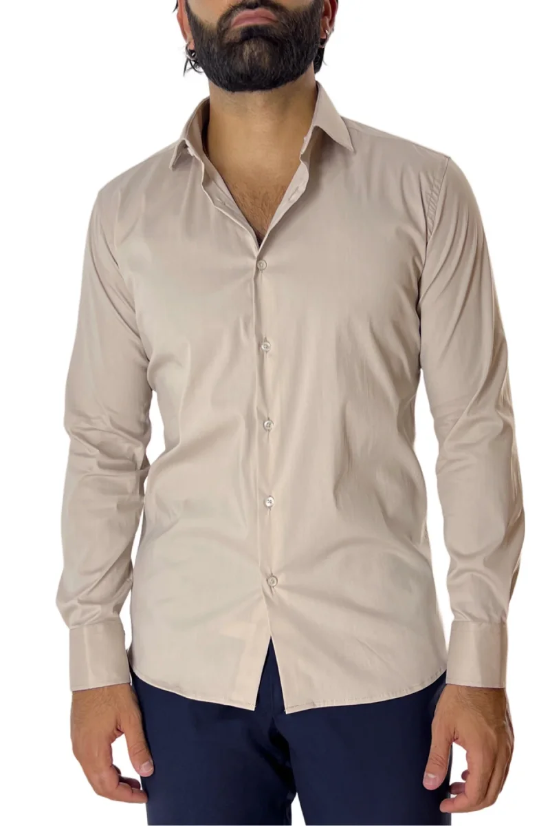 Camicia Uomo extra Slim fit cotone Elastico Collo semi francese tinta unita - immagine 3