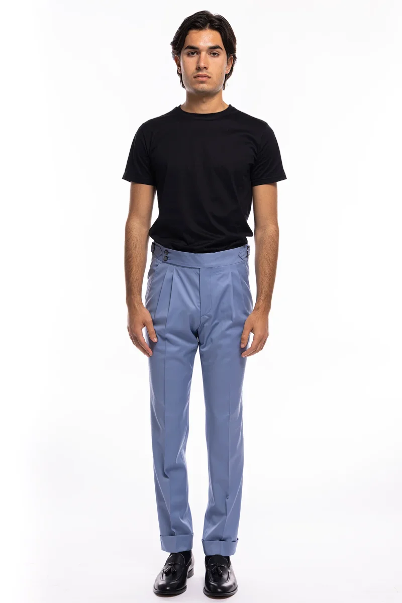 Pantalone uomo celeste vita alta doppia pinces in fresco lana super 120’s Holland & Sherry - immagine 3