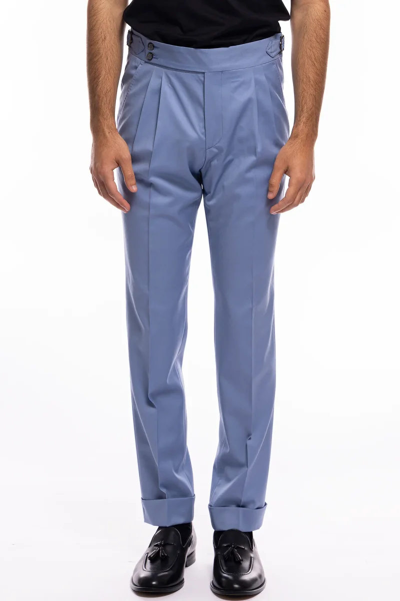 Pantalone uomo celeste vita alta doppia pinces in fresco lana super 120’s Holland & Sherry