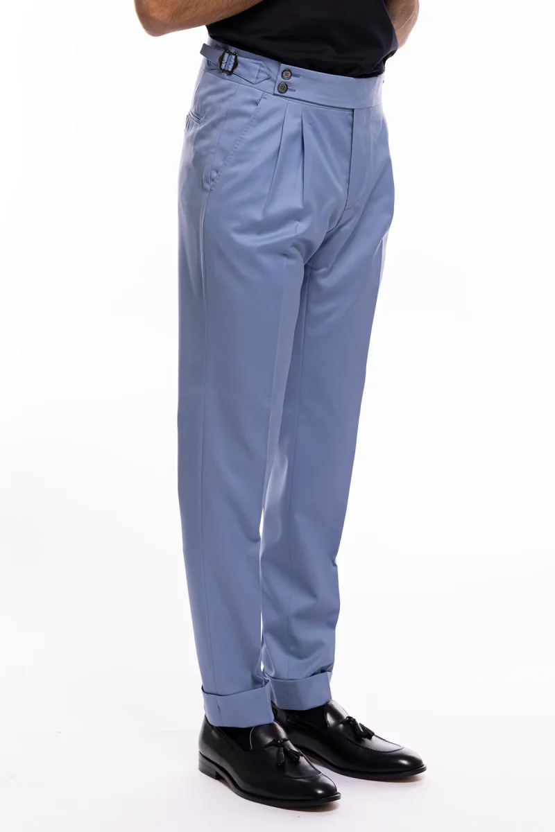 Pantalone uomo celeste vita alta doppia pinces in fresco lana super 120’s Holland & Sherry - immagine 4