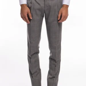 Pantalone uomo grigio fantasia principe di galles in fresco lana 120’s vita alta con una pinces fibbie laterali