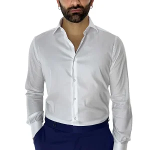Camicia Uomo slim fit cotone Elastico Collo semi francese tinta unita sartoriale