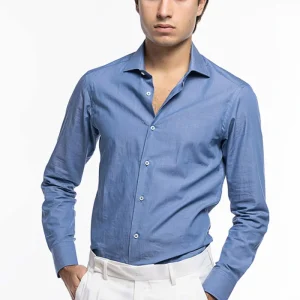 Camicia Uomo slim fit in cotone 100% denim chiaro Collo semi francese