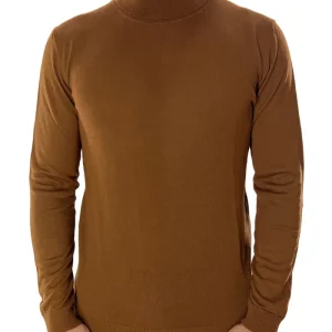 Maglione collo alto uomo nocciola in lana merinos slim fit made in italy tinta unita