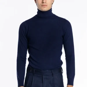 Maglione collo alto uomo navy blu in lana merinos slim fit made in italy tinta unita